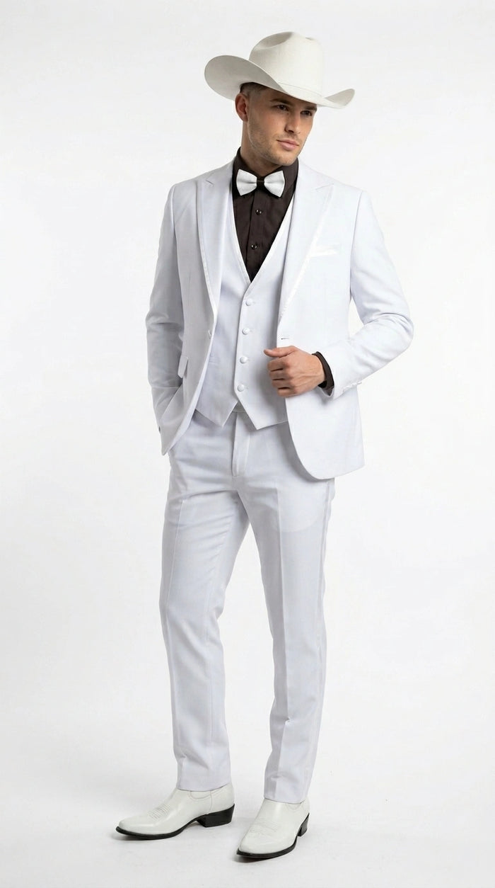 Men’s White Western Cowboy 3 Piece Tuxedo Suit, Formal Wedding Prom Groom Suit Set