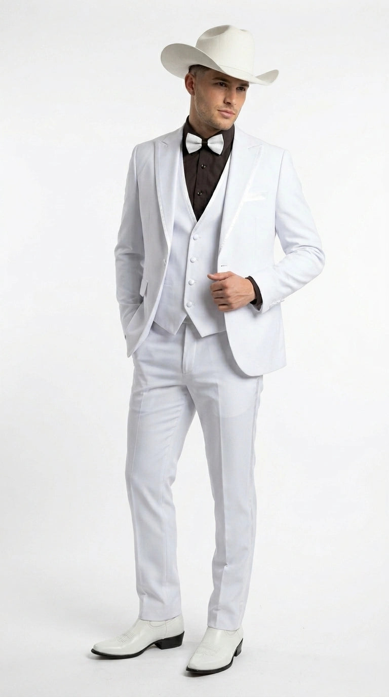 Men’s White Western Cowboy 3 Piece Tuxedo Suit, Formal Wedding Prom Groom Suit Set