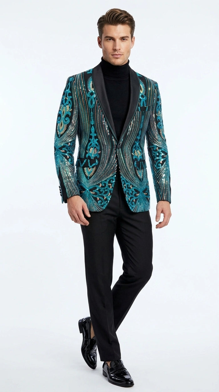 Men’s Black and Turquoise Blue With teal green Sequin Dinner Jacket, Formal Prom Wedding Paisley Floral Mardi Gra Pattern