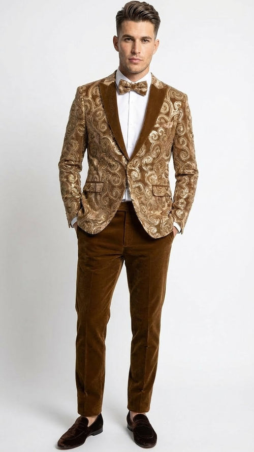 Men’s Goldish Light brown Tuxedo dinner Jacket Embroidered Blazer – Velvet Jacket for Formal Paisley Pattern Coffee Mocca Color
