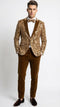 Men's light brown tuxedo jacket. Tailored fit, embroidered details, soft sheen fabric. Velvet lapels, single-button closure, two pockets. Includes matching brown trousers.
