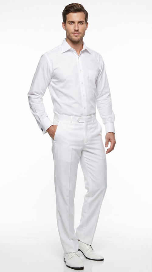 Men’s White Groomsmen Dress Shirt with Spread Collar, Long Sleeve Wedding Formal Shirt