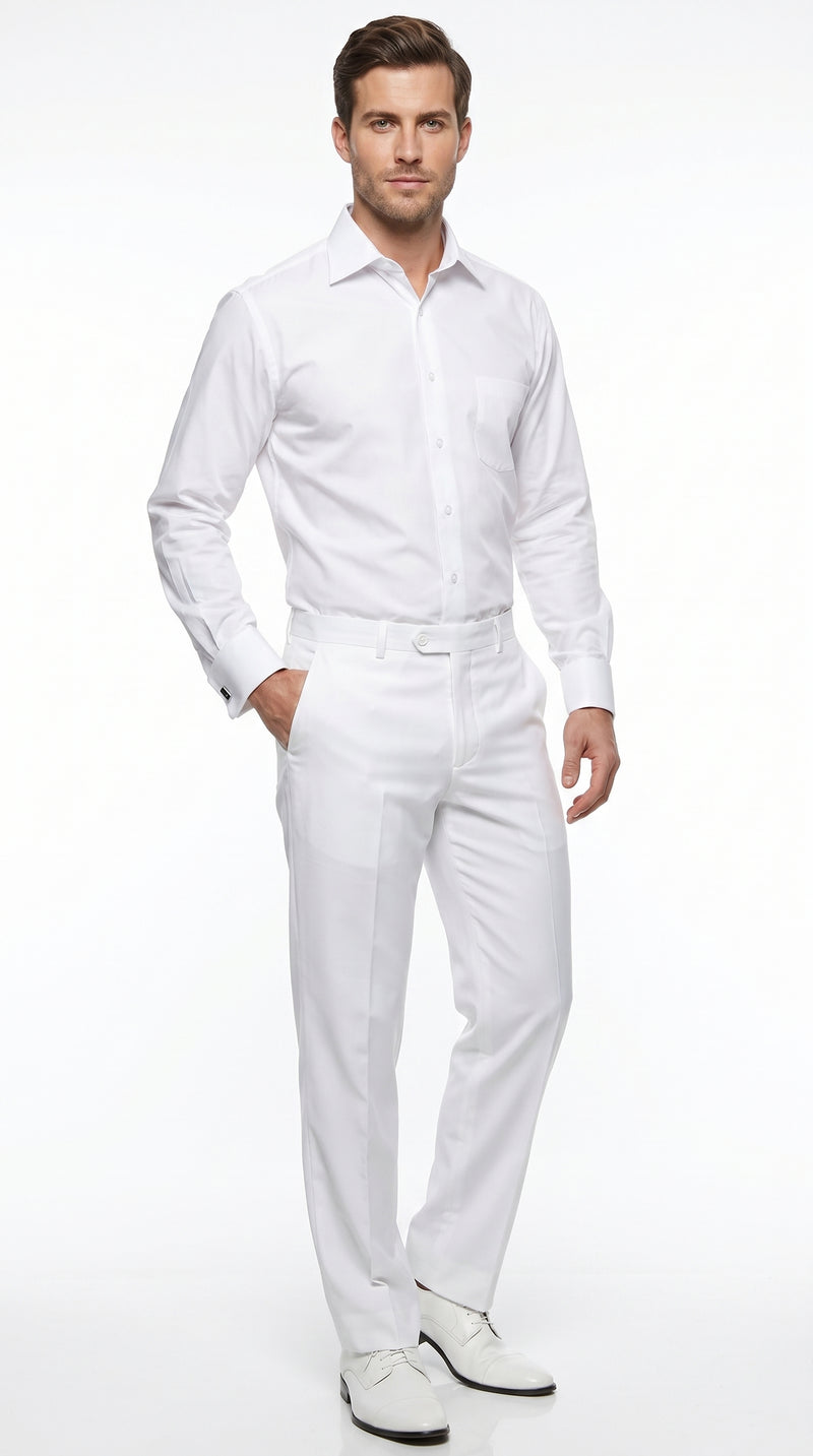 Men’s White Groomsmen Dress Shirt with Spread Collar, Long Sleeve Wedding Formal Shirt