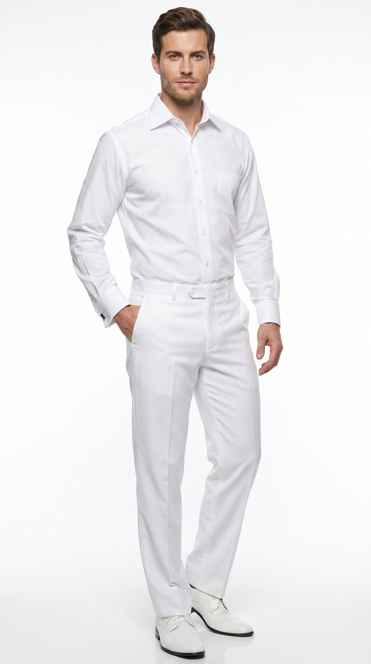 Men’s White Groomsmen Dress Shirt with Spread Collar, Long Sleeve Wedding Formal Shirt