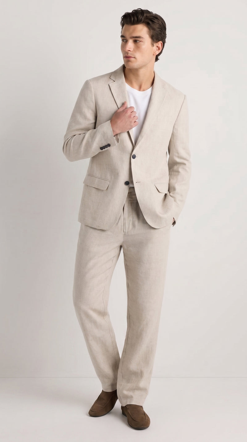 Men’s Informal Summer Suit, Light Beige Casual Linen Style Blazer and Pants Set