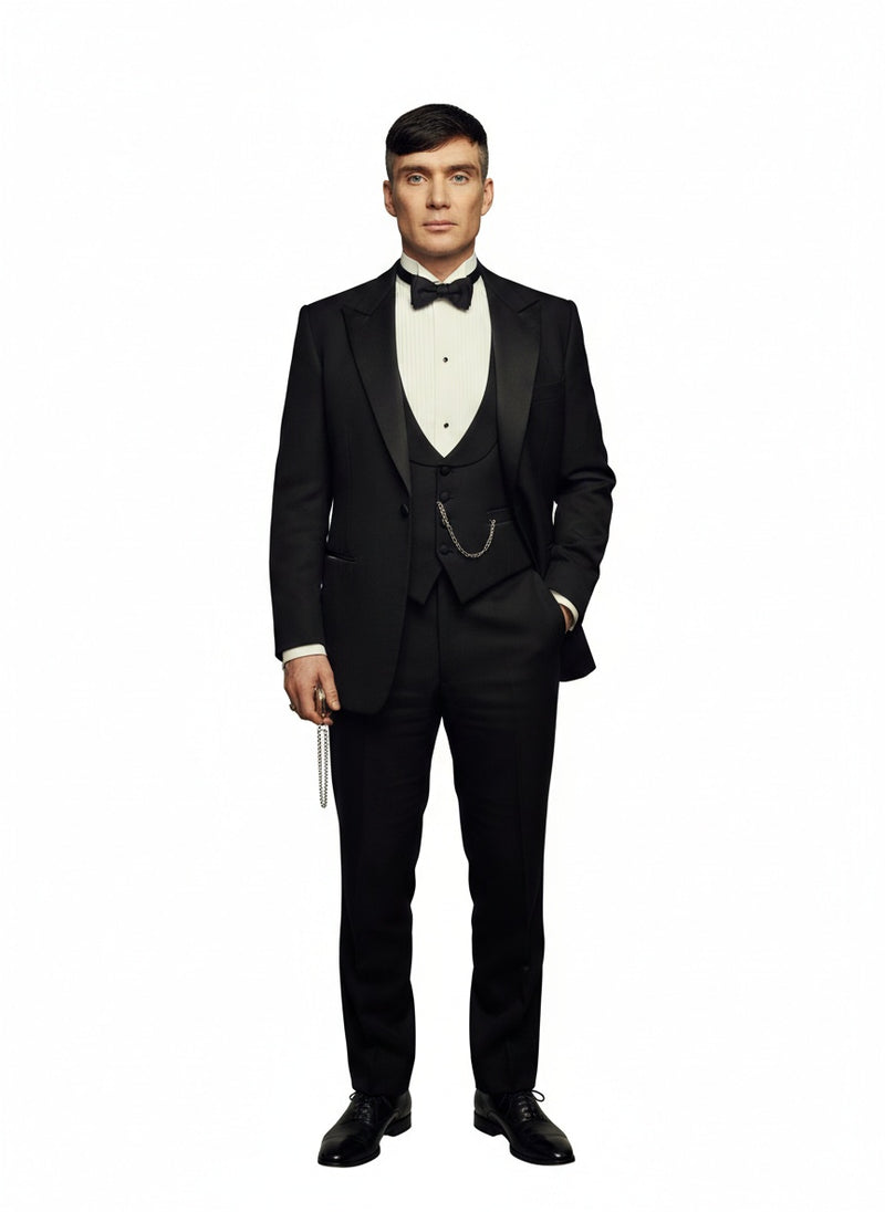 Mens Black Peaky Blinders Style Three-Piece Tuxedo Suit – Classic Formal Suit with Blazer and Waistcoat Peak Lapel 1920s Style