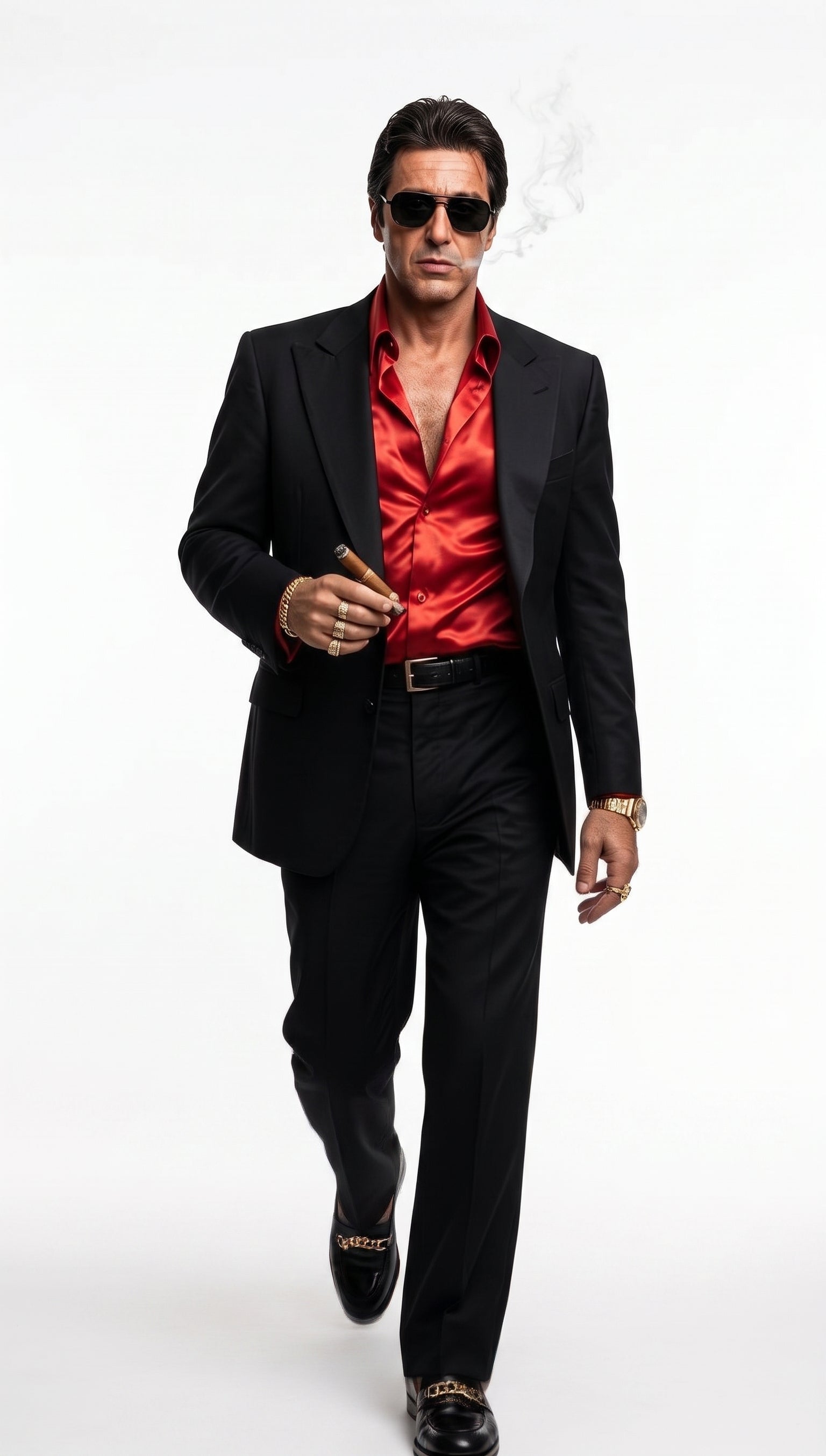 Tony Montana’s Black Blazer with Red Sateen Shirt – Men’s Black Formal Blazer and Red Satin Style Shirt Outfit for Party, Wedding and Vintage Wear