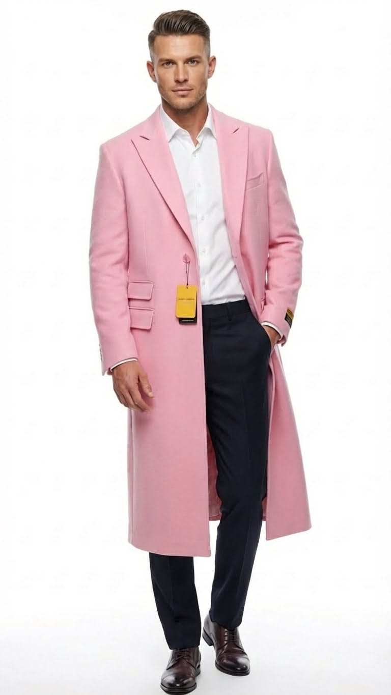Men's slim fit, long pink wool blend overcoat. Tailored with a straight cut, notched collar, and two front flap pockets. Features a single back vent. Soft pink color and textured wool blend. Simple, pattern-free design.
