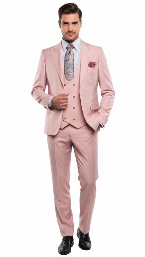 Alberto Nardoni men's three-piece suit: blush pink blazer and trousers, smooth fabric, gold buttons. Vest is darker blush, double-breasted. Elegant and stylish.
