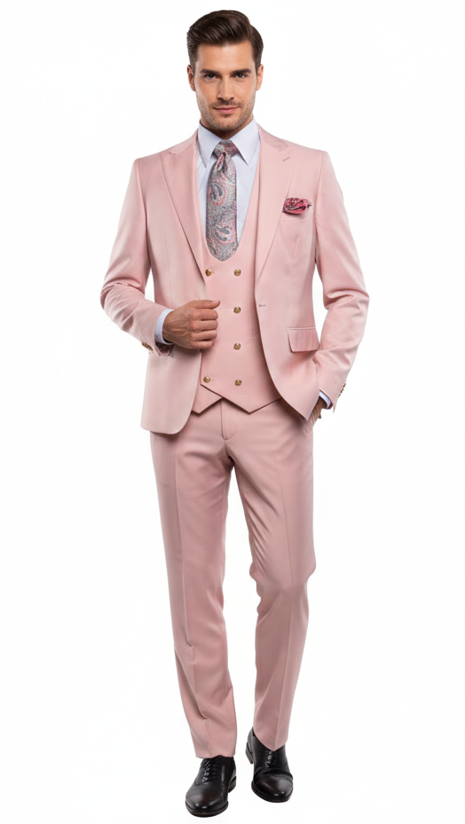 Alberto Nardoni men's three-piece suit: blush pink blazer and trousers, smooth fabric, gold buttons. Vest is darker blush, double-breasted. Elegant and stylish.
