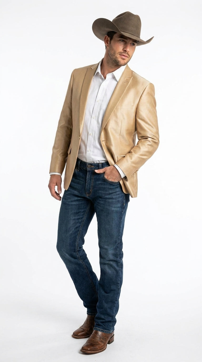 Men’s Champagne Gold Western Blazer, Formal Cowboy Wedding Ranch Sport Coat Jacket tan beige color sheen sharkskin fabric