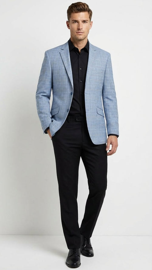 Men's light blue checkered big & tall blazer. Structured with notched lapels, two buttons, and two front pockets. Woven fabric with light & dark blue checks. Tailored fit, suitable for layering.
