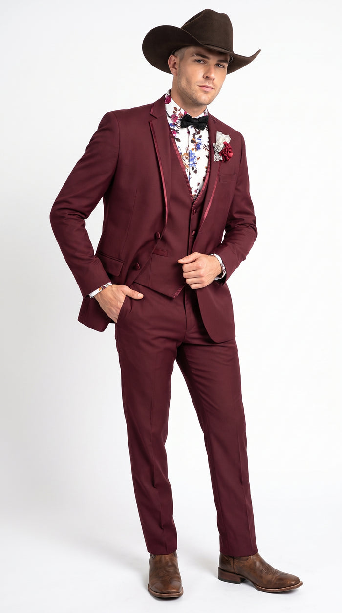 Men’s Burgundy Western Tuxedo Suit, 3 Piece Cowboy Formal Wedding Prom Suit with Satin Trim