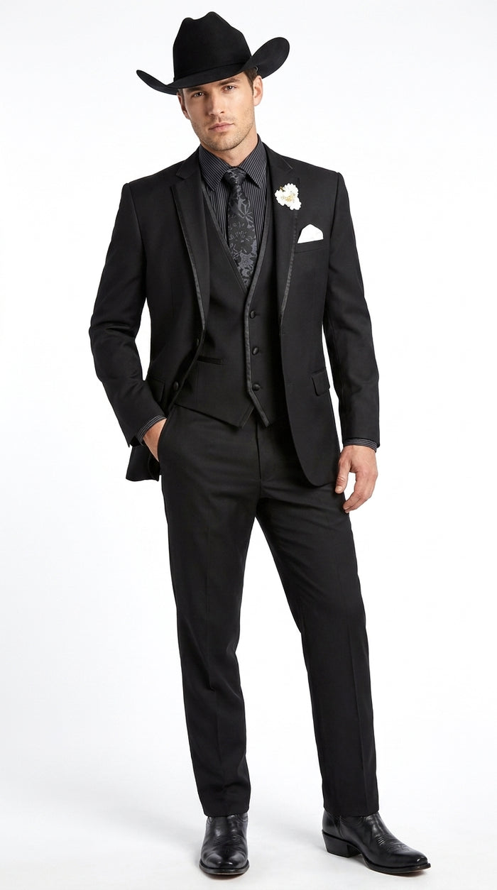 Men’s Black Western Tuxedo Suit, 3 Piece Cowboy Formal Wedding Prom Suit with Satin Trim