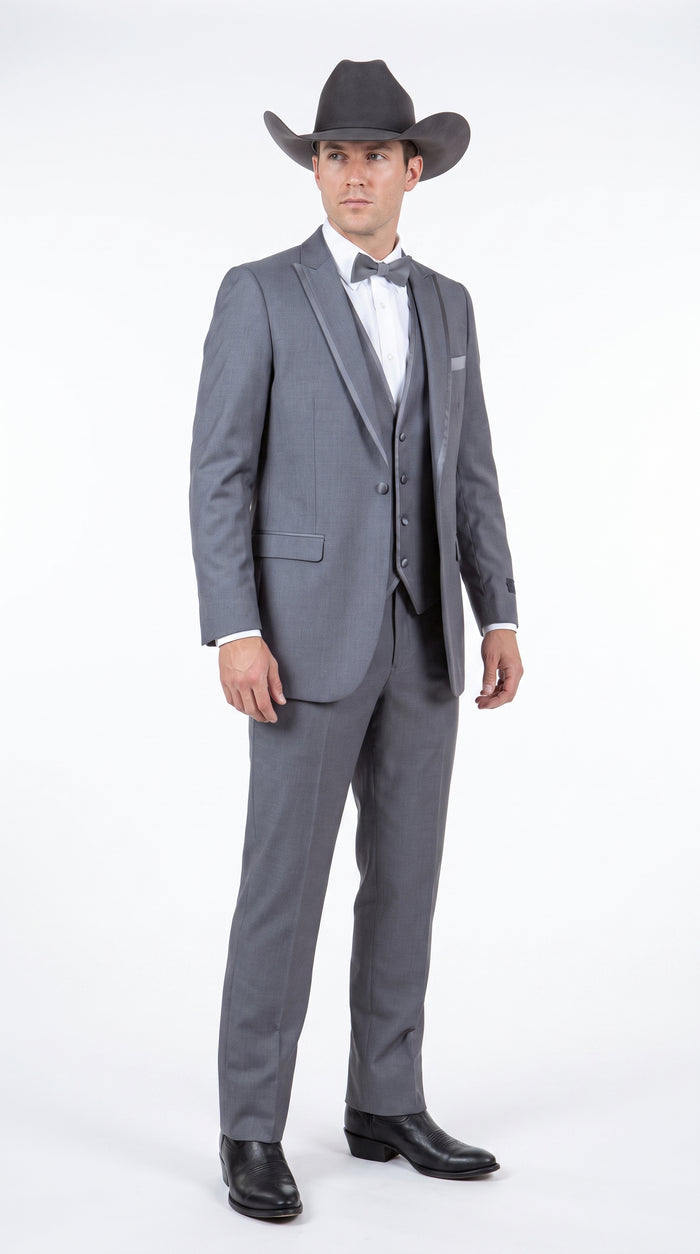 Men's Medium Grey Western 3-Piece Tuxedo Suit with Vest – Cowboy Style Formal Country Outfit