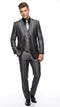 Charcoal gray men's suit with sheen. Tailored jacket, matching straight-legged trousers, and a gray vest. Modern fit, three-button closure, and notch lapels. Smooth, glossy fabric for a distinguished look.
