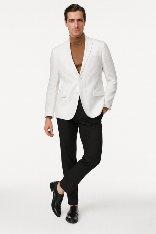 Men's white linen blazer: classic two-button closure, lightweight, and tailored fit. Features notch lapel, single chest pocket, and minimal design.
