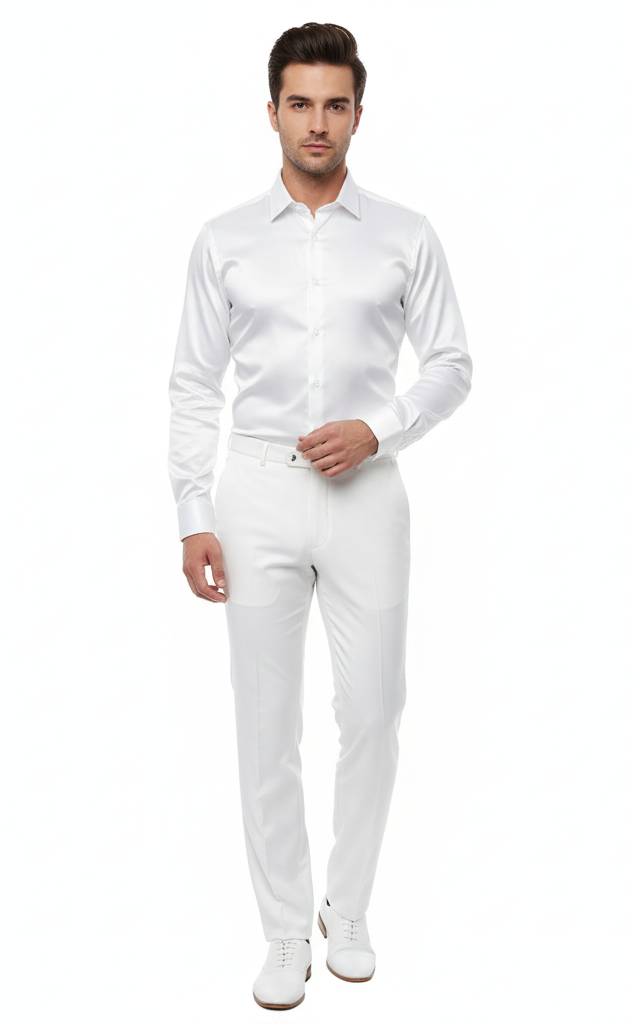 Men's white satin dress shirt. Classic long sleeves, spread collar, and button-down closure. Fitted cuffs. Smooth, glossy texture for a sophisticated look.
