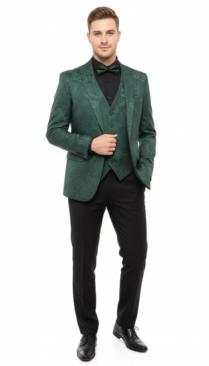 Emerald green paisley tuxedo. Slim fit, three-piece: blazer, vest, pants. Blazer: textured paisley. Vest: matching green. Pants: solid black. Includes black bow tie for a formal look.
