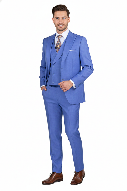 Light blue men's 3-piece suit: double-breasted jacket, matching vest, slim-fit trousers. Textured fabric, peaked lapel. Includes white shirt and patterned tie. Tailored for a fitted look.
