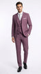 Men's slim-fit mauve three-piece suit: blazer (notch lapels, single-breasted), vest (3 buttons), and flat-front trousers. Formal, tailored design.