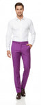 Men's slim fit, light purple dress pants. Tailored silhouette, smooth finish, and slight sheen. Lightweight fabric, belt loops, front pockets, and front leg crease.
