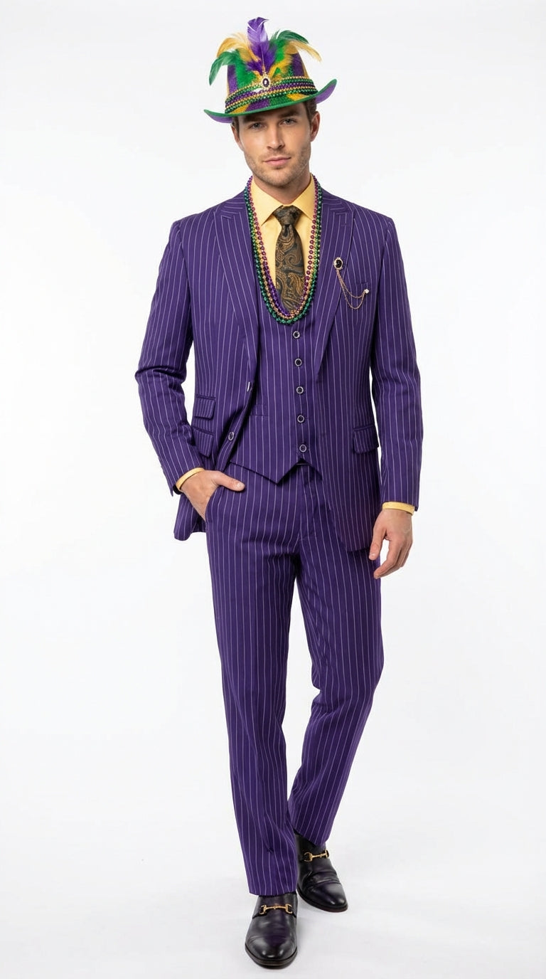 Men's Purple Pinstripe Mardi Gras Suit | Three Piece Carnival Men's Purple Pinstripe Mardi Gras Suit | Three Piece Carnival