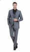 Men's dark grey slim-fit two-piece suit. Shiny, sleek material. Features a formal jacket with notch lapel and tailored, straight-cut pants. 
