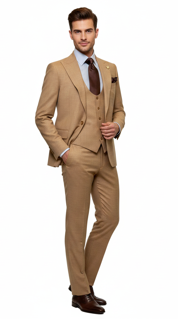 Men's tan three-piece suit: fitted jacket, double-breasted vest, tailored trousers, textured fabric. Includes light blue shirt, dark brown tie, pocket square.
