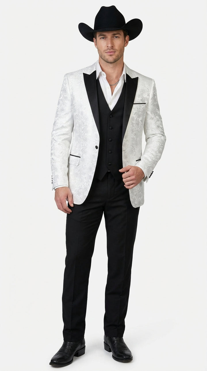 Men’s White Paisley Cowboy Tuxedo with Black Satin Lapel – Western Formal Wedding Suit Jacket