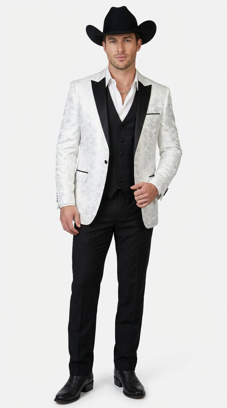 Men’s White Paisley Cowboy Tuxedo with Black Satin Lapel – Western Formal Wedding Suit Jacket