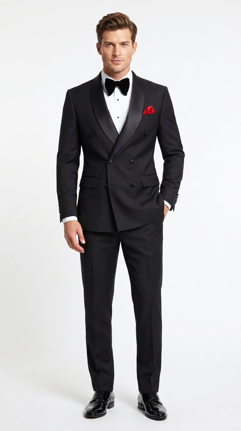 Men’s Black Double Breasted Evening Wear Suit with Satin Shawl Lapel and Red Pocket Square