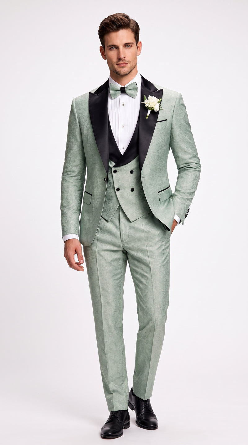 Men’s Sage Green Wedding Tuxedo with Black Shawl Lapel – 3 Piece Groom Prom Suit Mintish Color