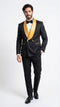 Black & gold jacquard tuxedo suit for men. Slim fit, textured black fabric, gold satin shawl collar. Double-button jacket, side pockets, matching trousers.
