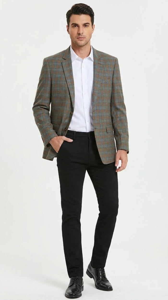 Men's plaid sport coat in green, brown, and teal. Tailored fit, two-button closure, notch lapels, and side pockets. Textured weave fabric.

