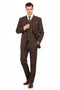 Men's 3-piece brown pinstripe suit. Tailored jacket (single-breasted, notched lapel), matching waistcoat (3-button), and pleated straight-leg trousers. Lighter brown pinstripes on dark brown.