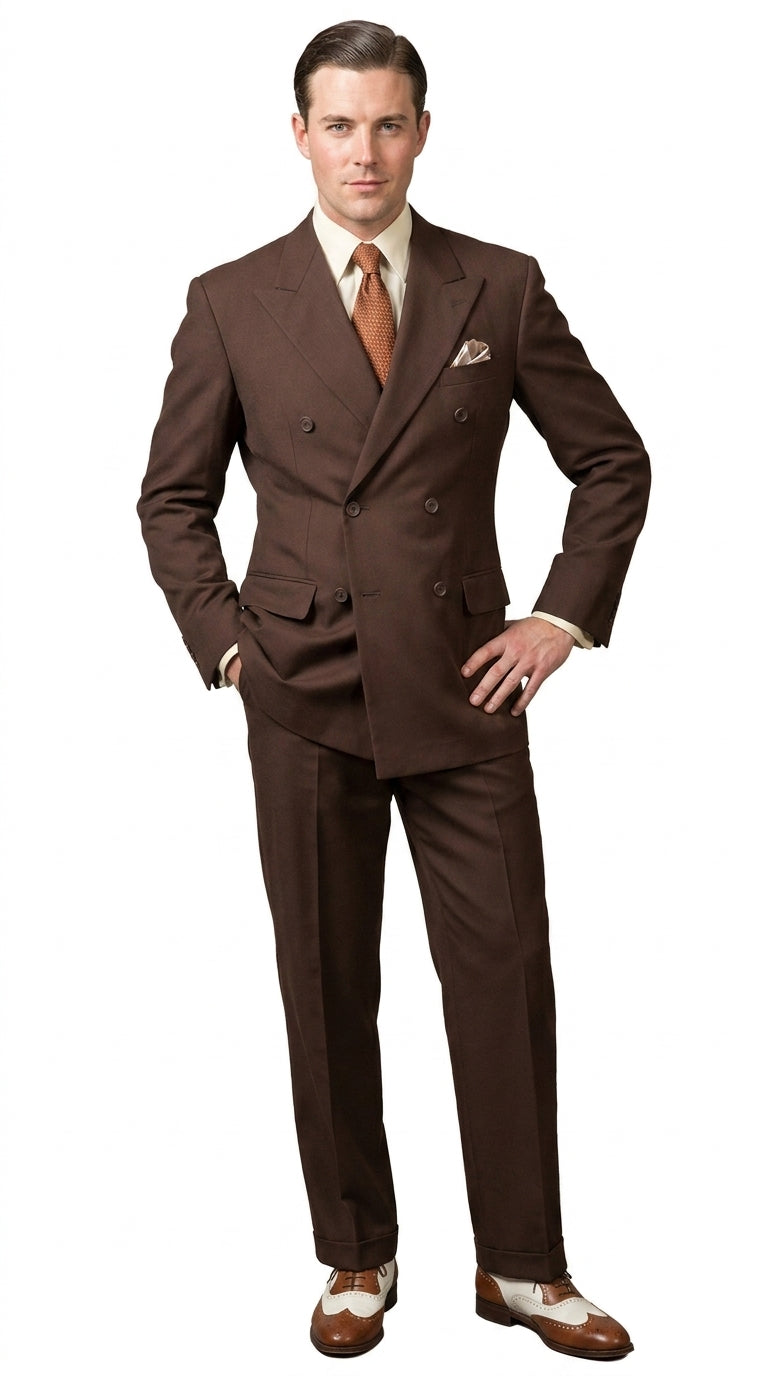 Men’s Brown Vintage Double Breasted Suit, Classic 1940s Style Formal Wedding Business Suit Set