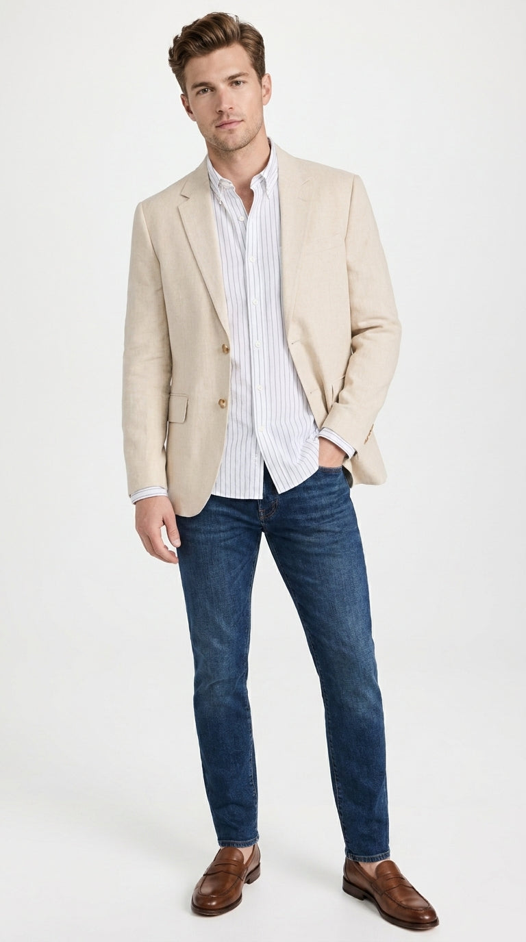 Men’s Light Tan Sport Coat – Classic Two-Button Casual Blazer for Business, Weddings & Smart Casual Wear Modern Fit Linen Fabric