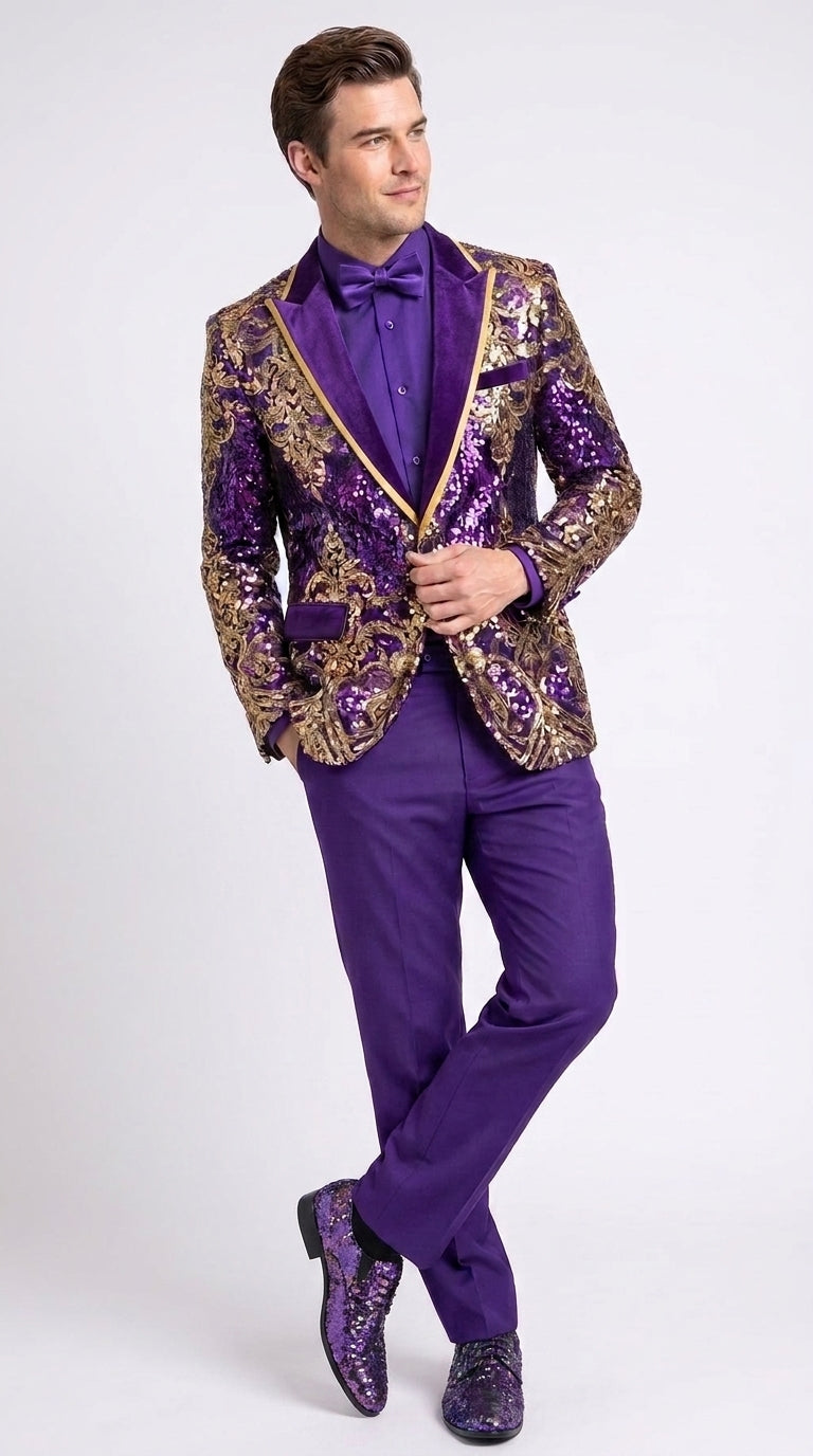 Men’s Purple and Gold Sequin Suit with Pants – Luxury Prom, Wedding and Party Blazer