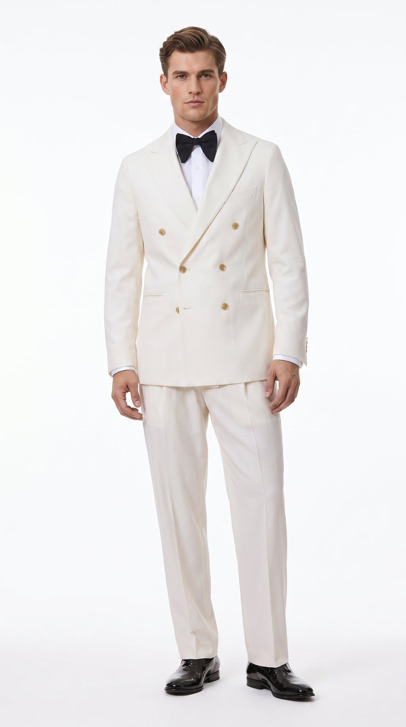 Men’s Ivory Double-Breasted Tuxedo – Gold Button Wedding, Prom and Formal Suit
