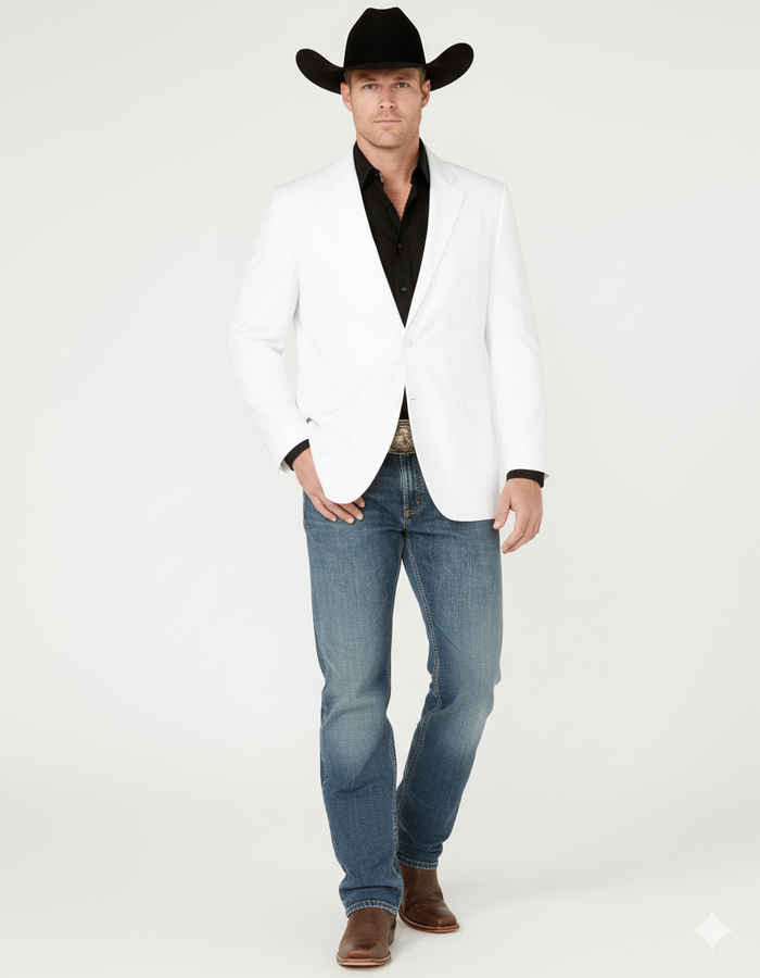 Men's white western blazer. Classic cowboy style, single-breasted, notch lapel. Smooth, lightweight fabric. Two front pockets, button closure. Bright white. Formal and tailored look.
