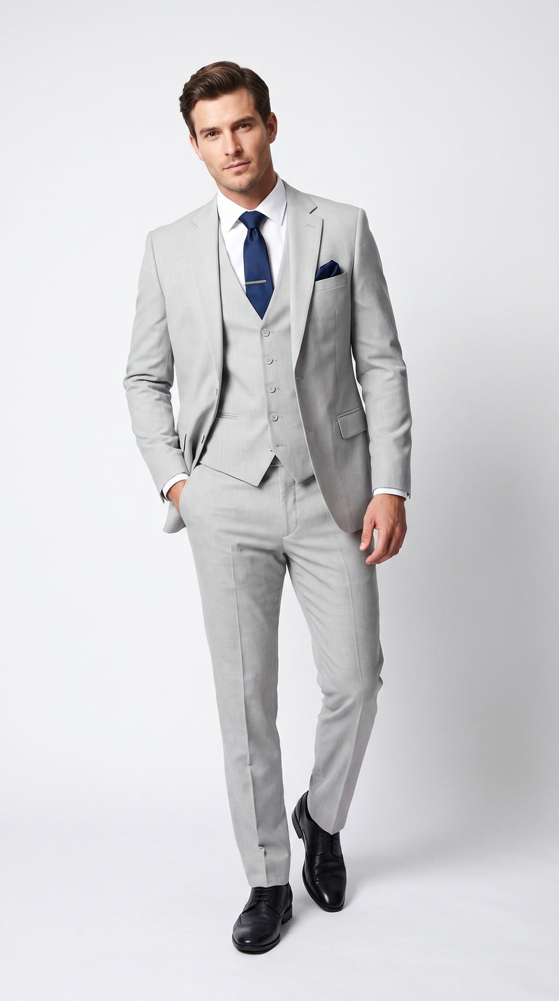 Men’s Silver & Navy Blue 3-Piece Suit – Wedding, Business and Formal Suit with Free Matching Tie