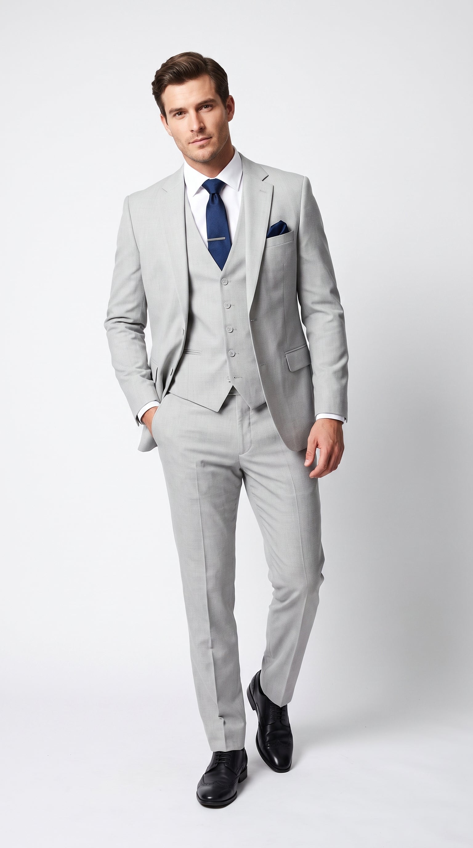 Men’s Silver & Navy Blue 3-Piece Suit – Wedding, Business and Formal Suit with Free Matching Tie