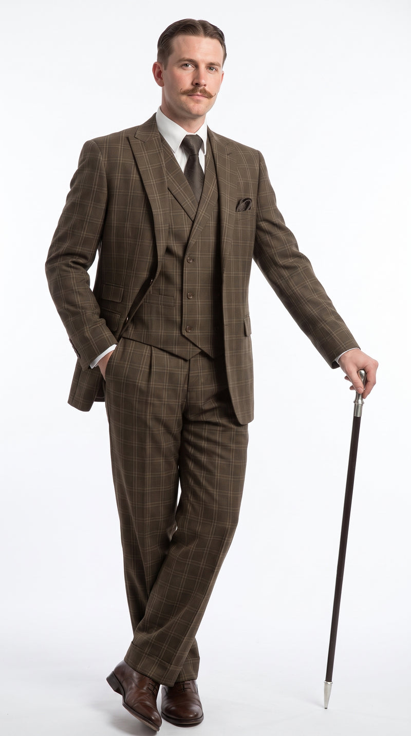 Men’s Edwardian Brown Plaid 3-Piece Suit – Vintage Double-Breasted Vest Wedding and Formal Suit