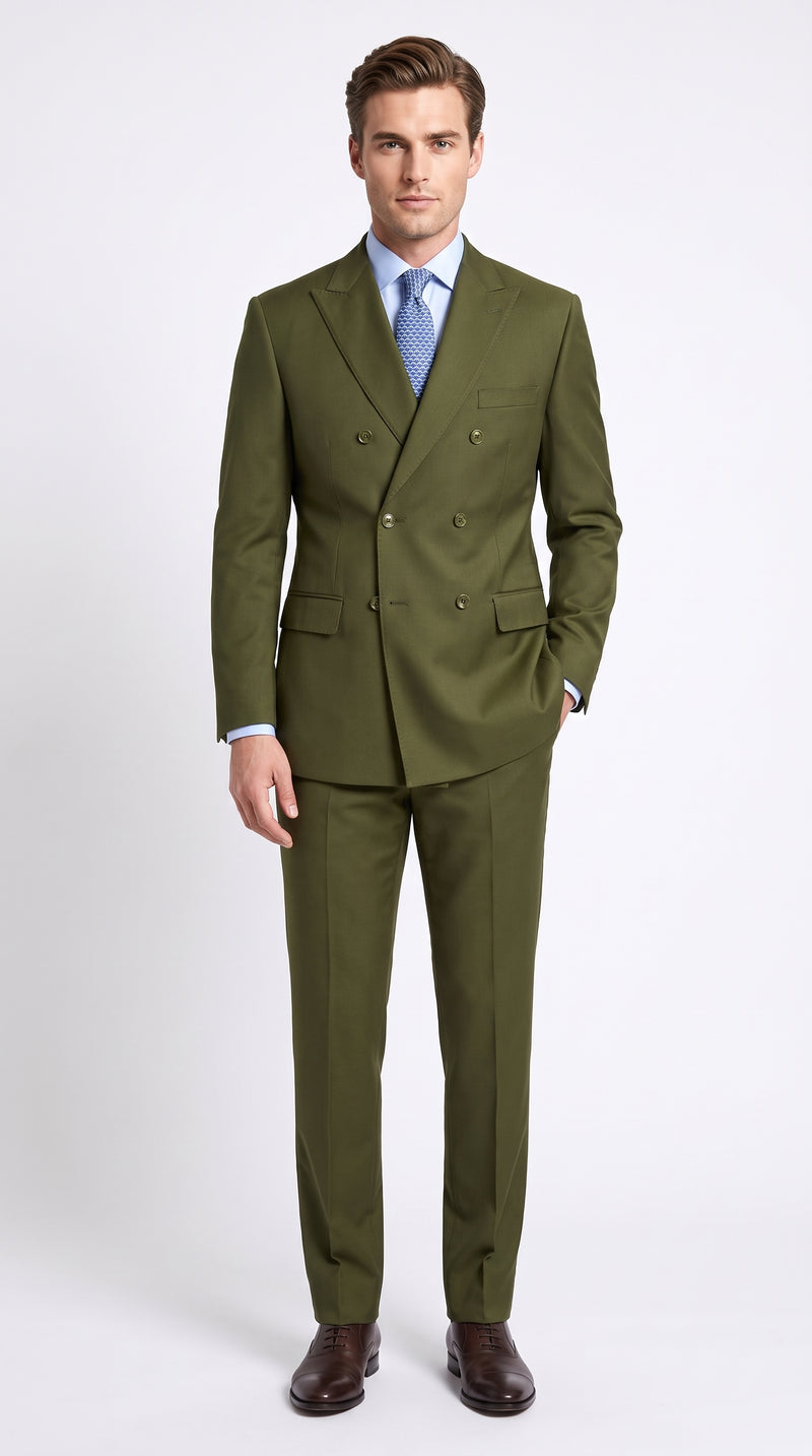 Men’s Olive Green Double-Breasted Suit – Classic Peak Lapel Wedding, Business Hunter Color