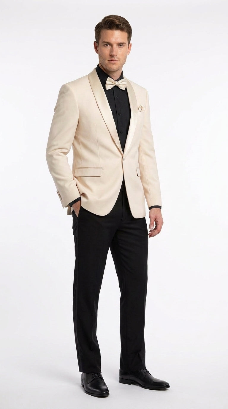 Men’s Champagne Tuxedo Dinner Jacket with Black Pants – Shawl Lapel Wedding, Prom and Formal Blazer