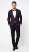 Men's eggplant purple tuxedo blazer: fitted, satin lapel, two pockets, single-button closure. Textured fabric. Stylish & formal.

