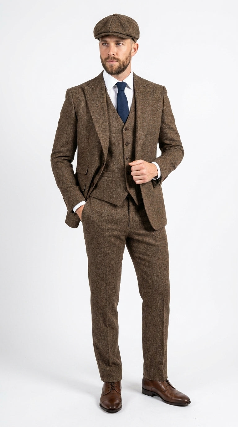 Peaky Blinder Men’s Brown Tweed 3-Piece Suit – Vintage Wedding, Business and Formal Suit with Matching Vest and Pants