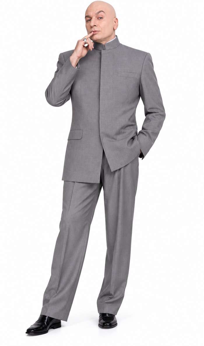 Men's Light Gray Austin Powers Dr. Evil Inspired Suit – Mandarin Collar 2 Piece Costume Suit for Halloween, Cosplay & Themed Parties