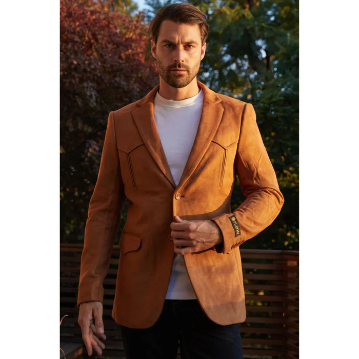 Mens Double Button Faux Suede Blazer- Camel